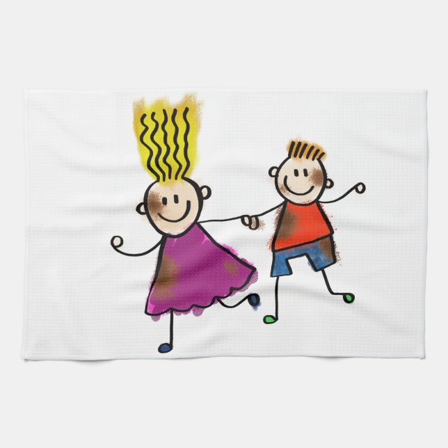 Happy Funny Kids Couple Zeichnend Doodle Cartoon Küchentuch (Horizontal)