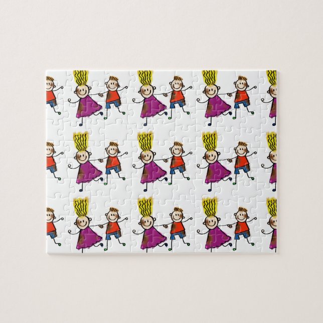 Happy Funny Kids Couple Zeichnend Doodle Cartoon Puzzle (Horizontal)