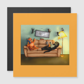 Happy Funny und Niedliche Familienkatzen bei Zuhau Magnetkarte