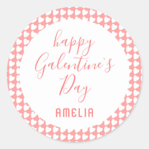 Happy Galentine`s Day Pink White Heart Pattern Cla Runder Aufkleber