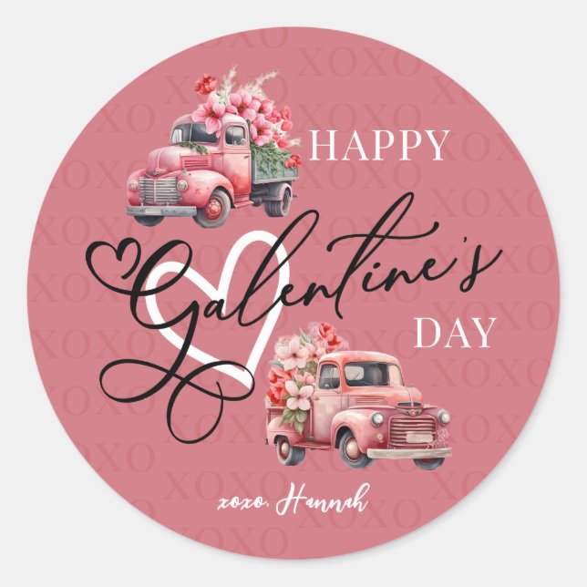 Happy Galentine's Day Blume Truck Runder Aufkleber (Vorderseite)