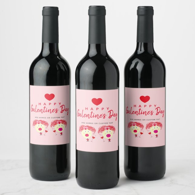 Happy Galentine's Day Blush Pink Red Heart Girls Weinetikett (Flaschen)