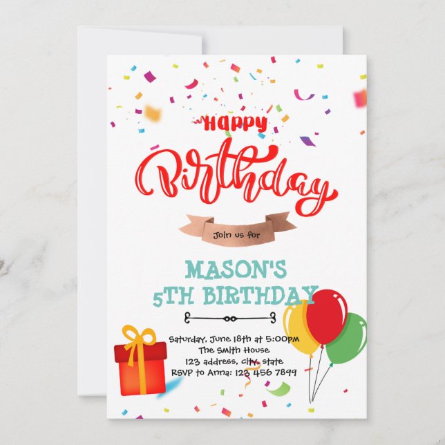 Happy Geburtstag Ballon Konfetti Bundcard Einladung (Vorderseite)