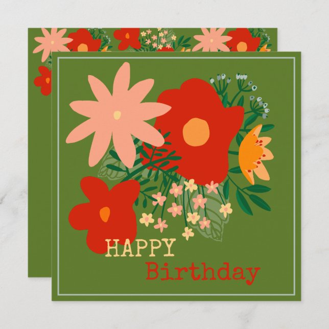 HAPPY Geburtstag Grußkarte Original Blume grün Einladung (Vorne/Hinten)