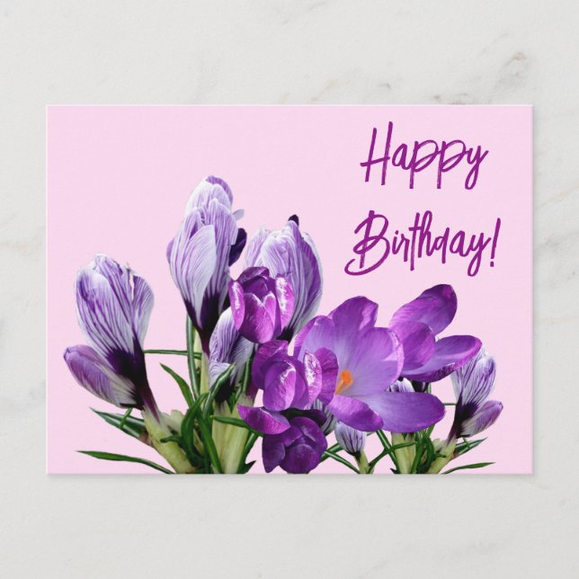 Happy Geburtstag lila Crocuses Blume boho niedlich Postkarte (Vorderseite)
