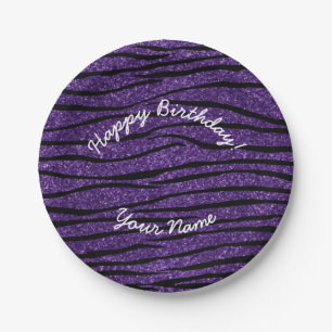 Happy Geburtstag lila Glitzer Zebrastreifen Pappteller