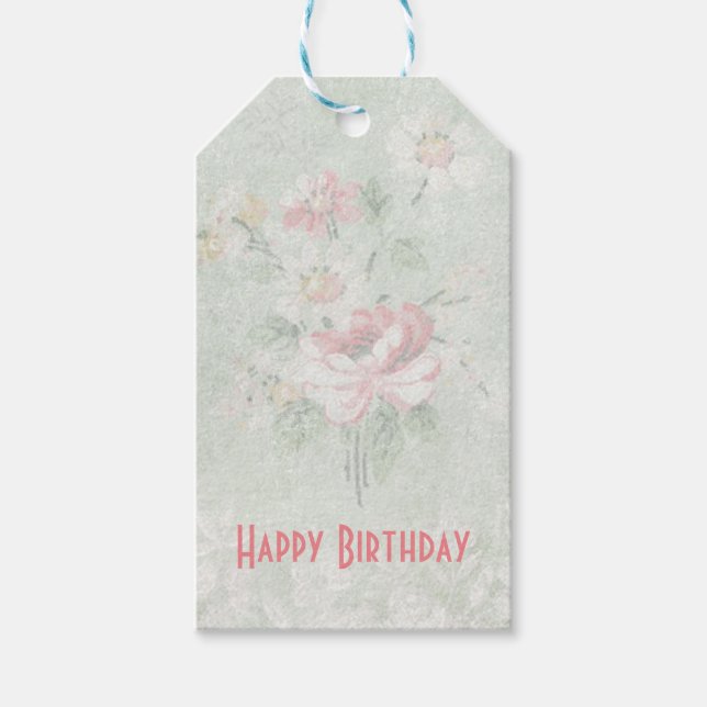 Happy Geburtstag verblasste Rose Shabby Vintag Des Geschenkanhänger (Vorderseite)
