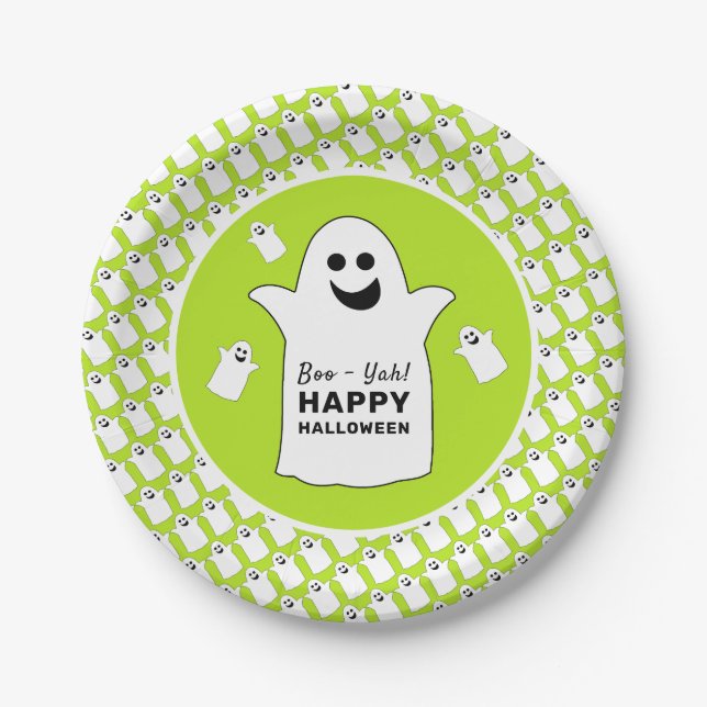 Happy Ghost, grünes Halloween-Party Pappteller (Vorderseite)