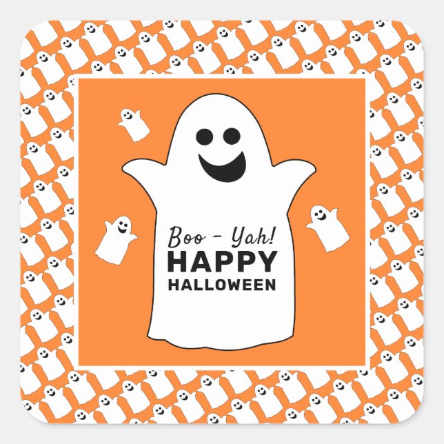 Happy Ghost, Orange Halloween-Party Quadratischer Aufkleber (Vorderseite)