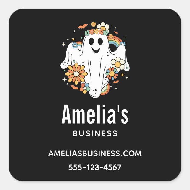 Happy Ghost Retro Hippie Vibe Business Quadratischer Aufkleber (Vorderseite)