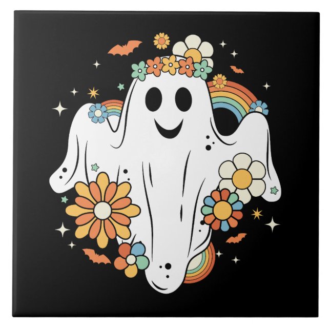 Happy Ghost Retro Hippie Vibe Fliese (Vorderseite)