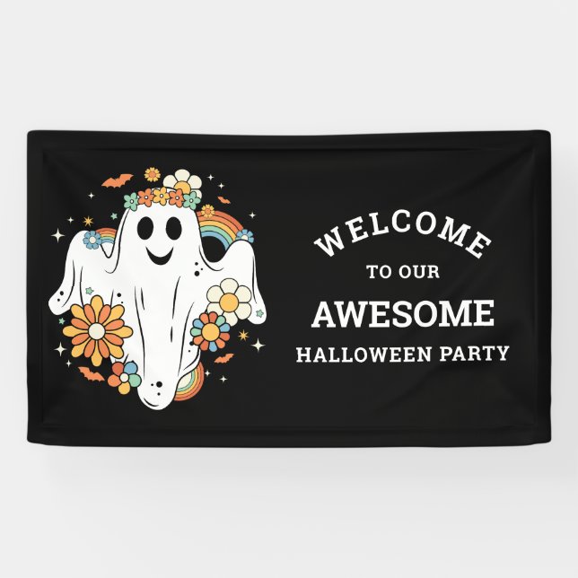 Happy Ghost Retro Hippie Vibe Halloween Banner (Horizontal)