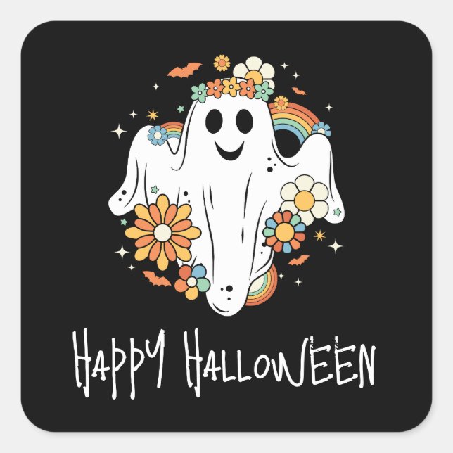 Happy Ghost Retro Hippie Vibe Halloween Quadratischer Aufkleber (Vorderseite)