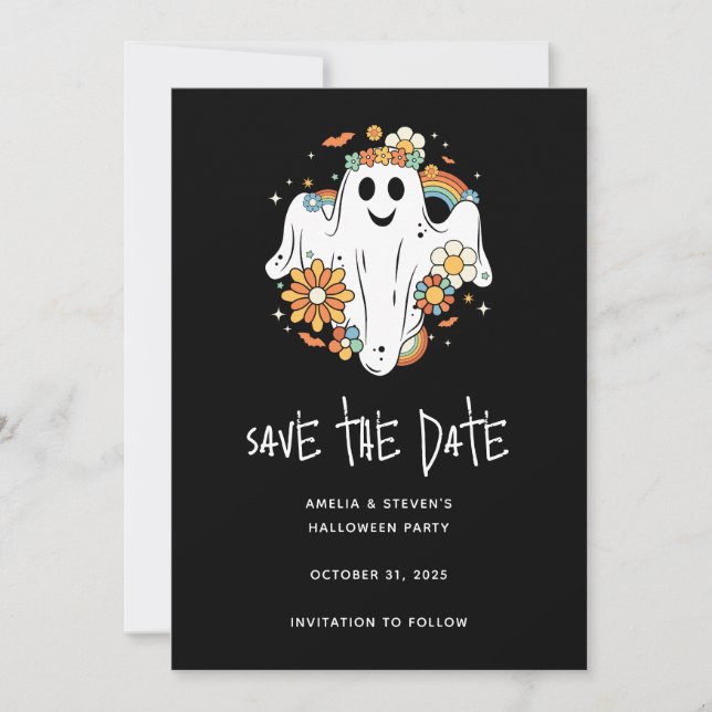 Happy Ghost Retro Hippie Vibe Halloween Save The Date (Vorderseite)