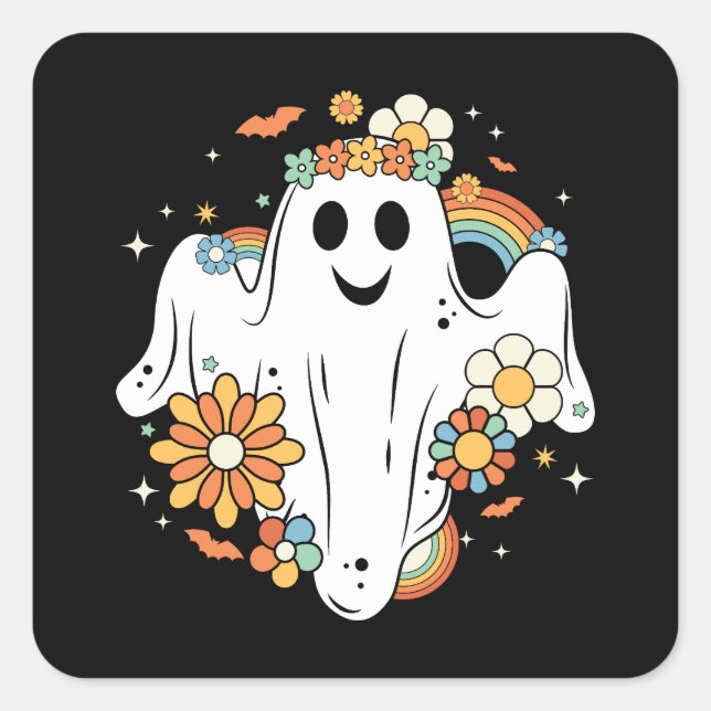 Happy Ghost Retro Hippie Vibe Quadratischer Aufkleber (Vorderseite)