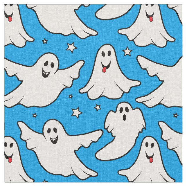 Happy Ghosts Halloween Pattern auf Blue Stoff (Nahaufnahme)