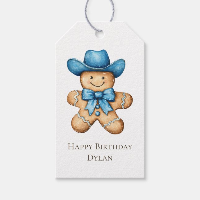 Happy Gingerbread Blue Cowboy Birthday Geschenkanhänger (Vorderseite)