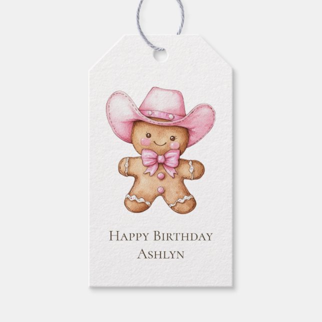 Happy Gingerbread Pink Cowgirl Birthday Geschenkanhänger (Vorderseite)
