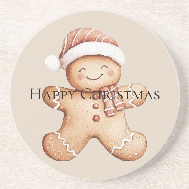Happy Gingerbrot Cookie mit Weihnachtsmannmütze Getränkeuntersetzer (Vorne)