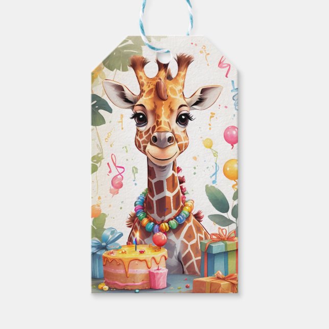 Happy Giraffe mit Geschenken & Kuchen | Geschenkanhänger (Vorderseite)