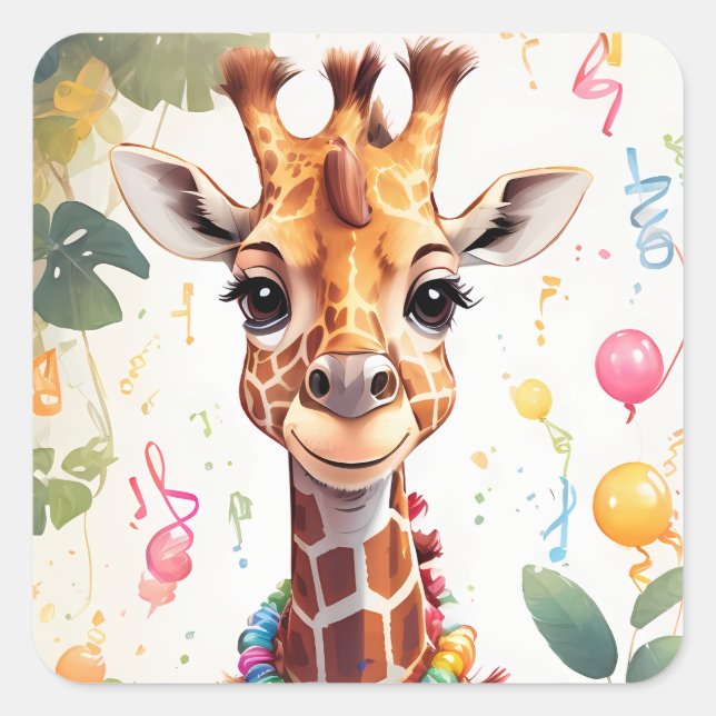 Happy Giraffe mit Geschenken & Kuchen | Quadratischer Aufkleber (Vorderseite)