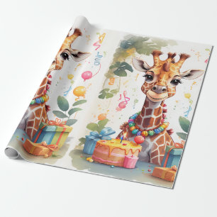 Happy Giraffe mit Geschenken & Kuchen   Schleifpap Geschenkpapier