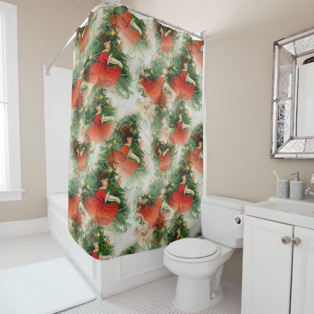Happy Girl Tress Pine Neujahr Weiß Duschvorhang (Beispiel)