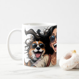 Happy Girl und Niedlicher Hund in Sonnenbrille mit Kaffeetasse