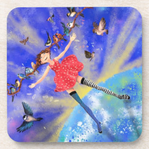 Happy Girl with Birds - Happines - Joy Getränkeuntersetzer