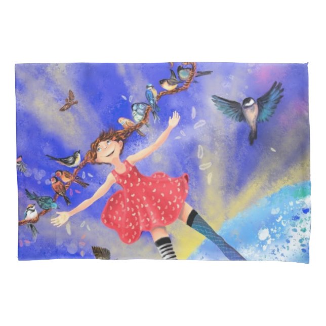 Happy Girl with Birds - Happines Kissenbezug (Vorderseite)