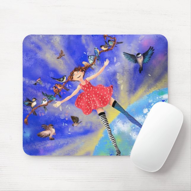 Happy Girl with Birds - Happines Mousepad (Mit Mouse)