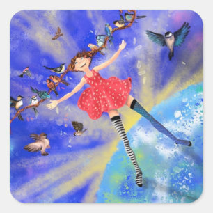Happy Girl with Birds - Happines Quadratischer Aufkleber