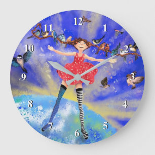 Happy Girl with Birds - Happines - Round Große Wanduhr