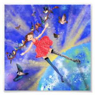 Happy Girl with Birds Poaster Print Fotodruck