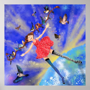 Happy Girl with Birds Poster Happy
