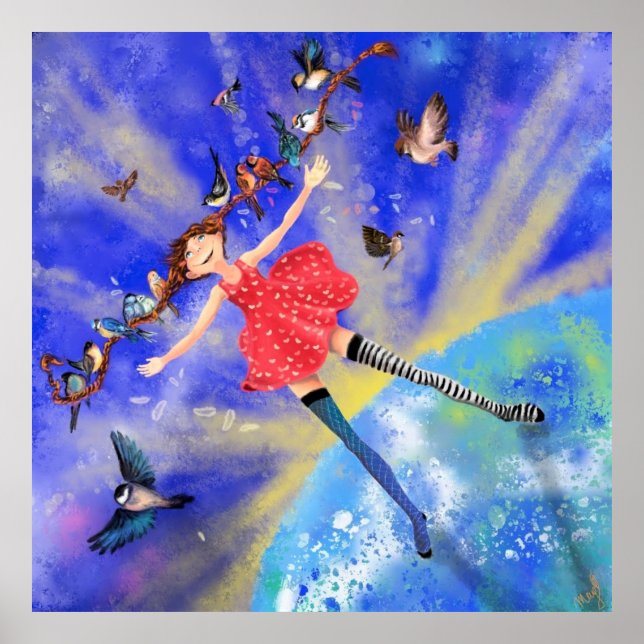 Happy Girl with Birds Poster Painting (Vorne)