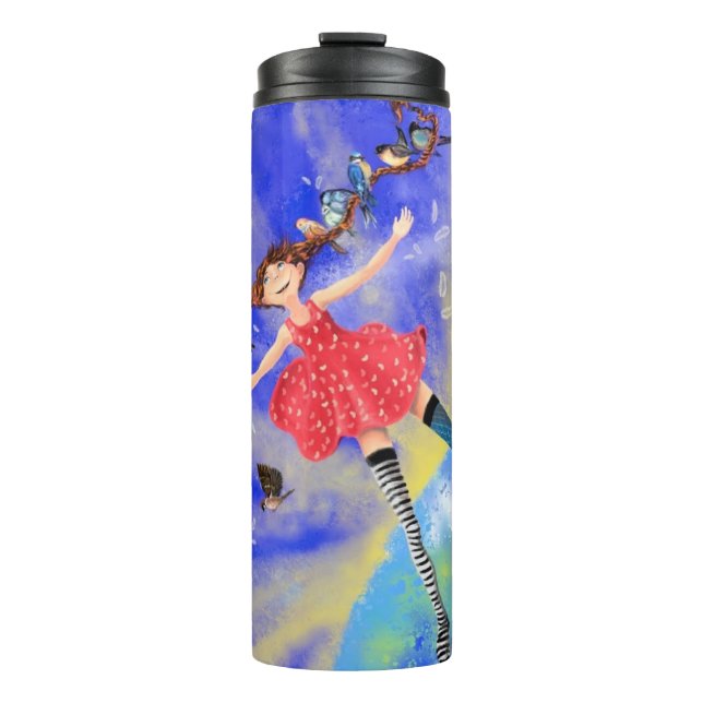 Happy Girl with Birds Thermal Tumbler Thermosbecher (Vorderseite)