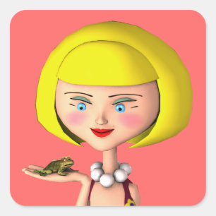 Happy Girl with Frog Prince Quadratischer Aufkleber