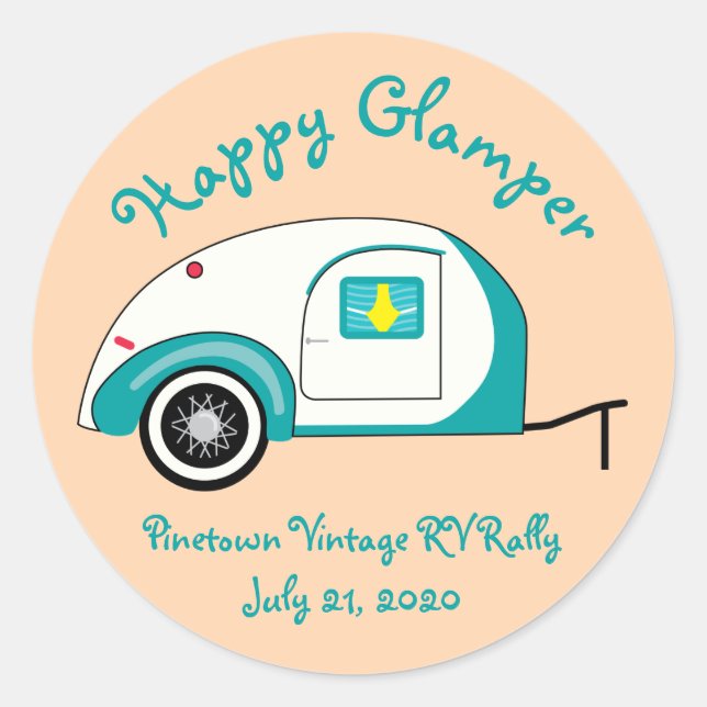 Happy Glamper Aquamarine Vintag Teardrop Trailer Runder Aufkleber (Vorderseite)