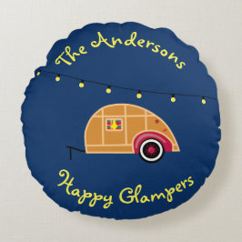 Happy Glamper Woodie Vintag Teardrop Trailer Rundes Kissen