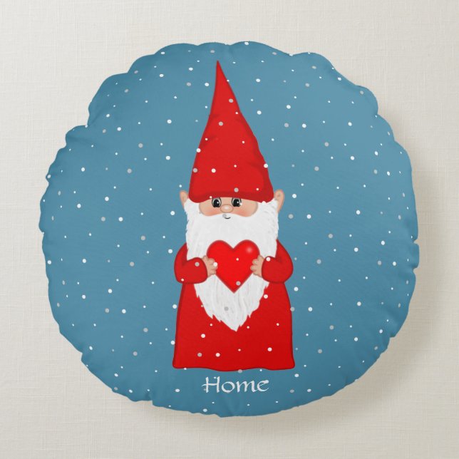 Happy Gnome & Heart on Sapphire Blue Rundes Kissen (Vorderseite)