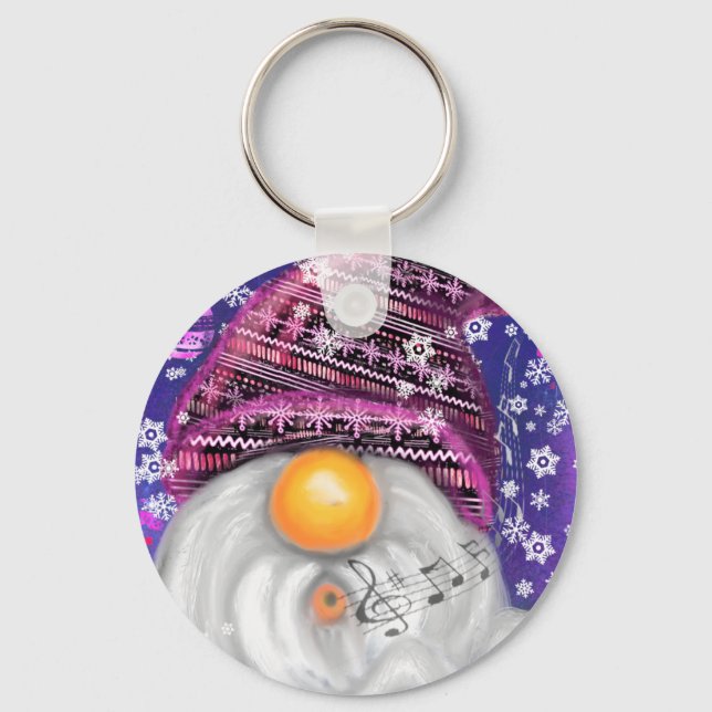 Happy Gnome in Lila Hut Singt ein Weihnachtslied - Schlüsselanhänger (Vorderseite)