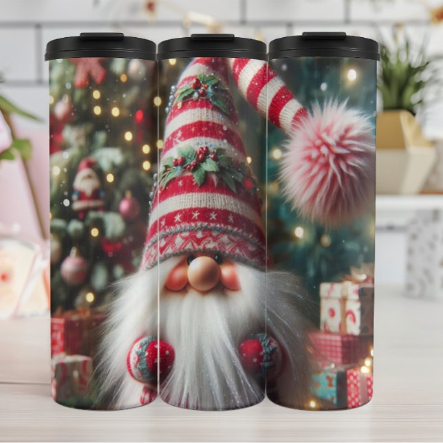 Happy Gnome mit gestreiftem Hut Thermosbecher (Von Creator hochgeladen)