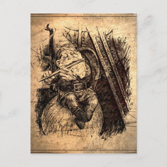 Happy Gnome sitzt auf einem Pilz und spielt eine F Postkarte (Vorderseite)