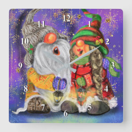 Happy Gnomes Funny Christmas Clock Quadratische Wanduhr