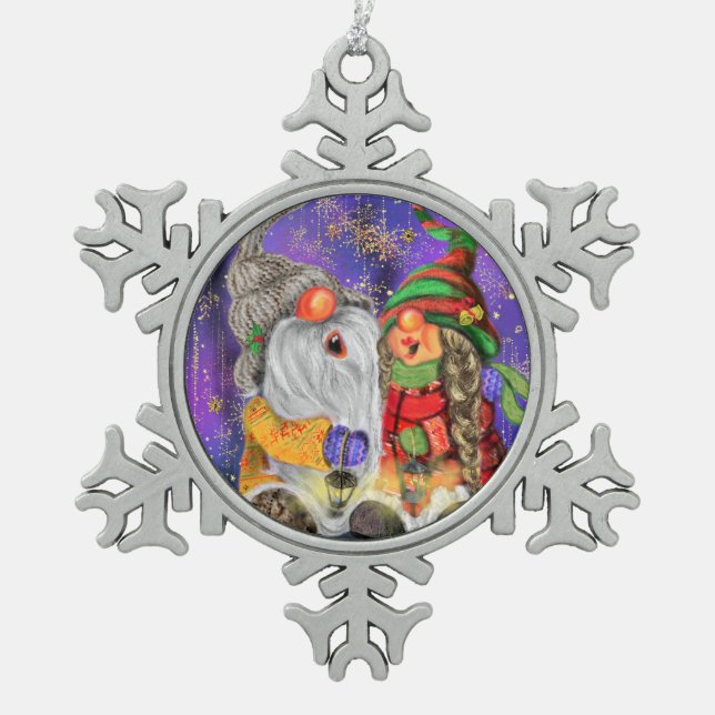 Happy Gnomes Weihnachtsschmuck Schneeflocken Zinn-Ornament (Vorderseite)