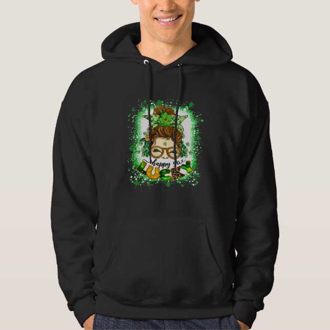 Happy go Lucky Messy Bun Girl Irish St Patricks Da Hoodie (Vorderseite)