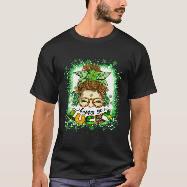 Happy go Lucky Messy Bun Girl Irish St Patricks Da T-Shirt (Vorderseite)