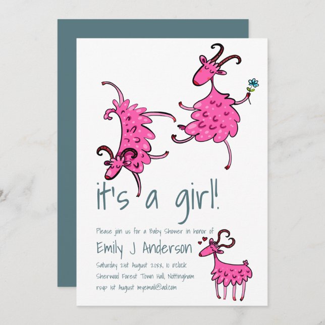 Happy GOAT Pink Baby Dusche Handschriftlich Einladung (Vorne/Hinten)