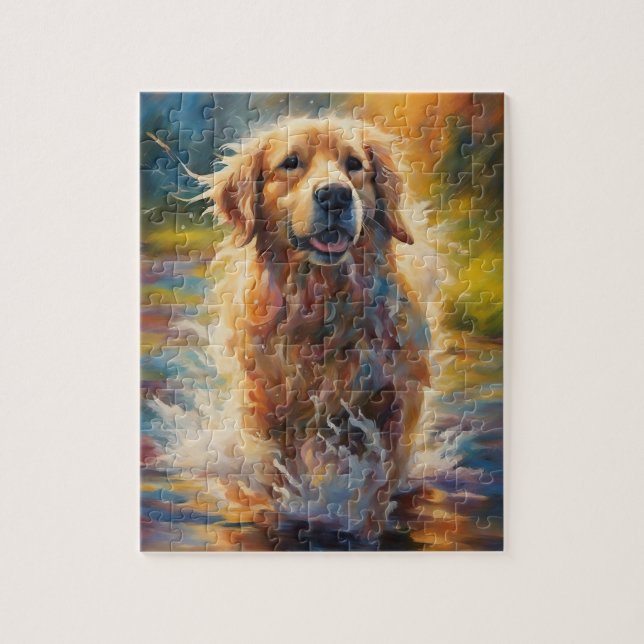 Happy Golden Retriever im Wasser Puzzle (Vertikal)